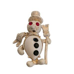 Vintage Dodds Snowman Brooch With Red Eyes & Broomstick
